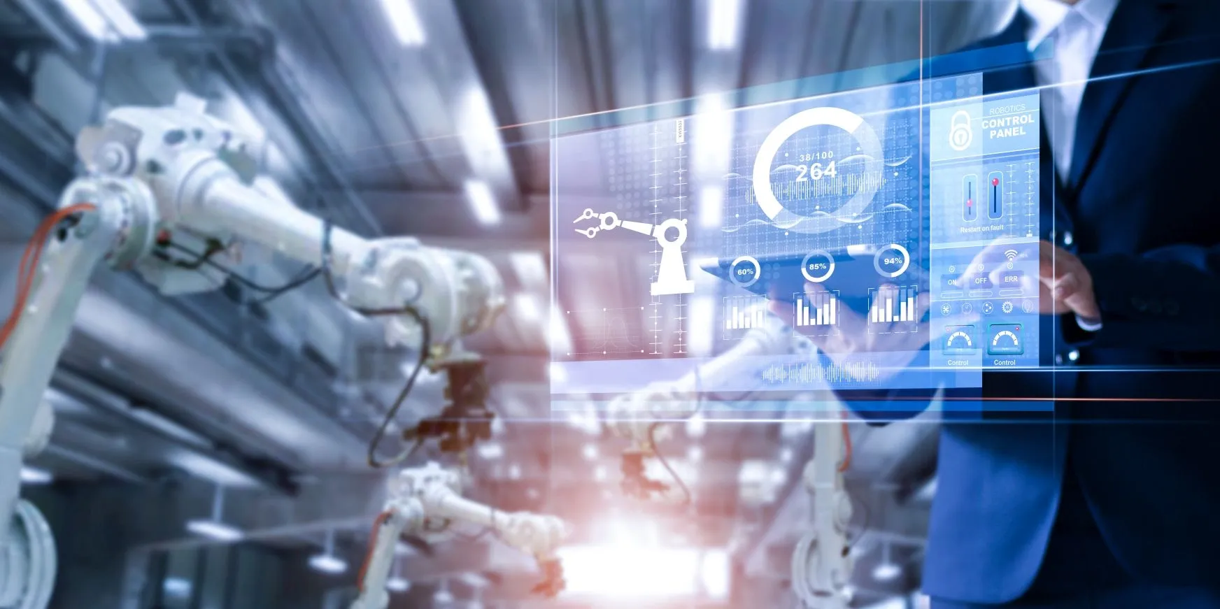 Robotics Control Panel mit Robotern und Anzeigetafeln